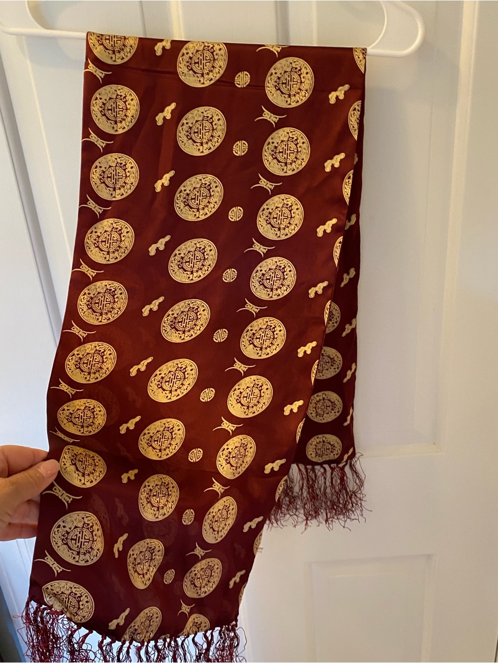 Authentic Chinese Gold & Burgundy “Double Happiness” Silk Scarf. 11 x 44”.  NEW